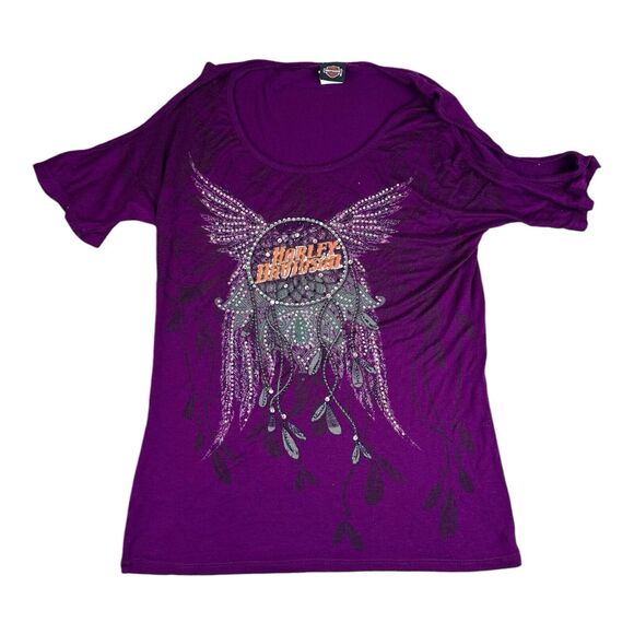 Harley-Davidson Purple Cold Shoulder Tee Shirt Bedazzled Logo - Women's Small - Picture 1 of 6